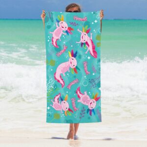 Women holding an axolotl beach towel