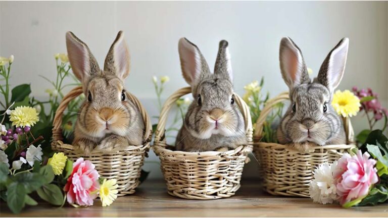 3 cute bunnies in baskets