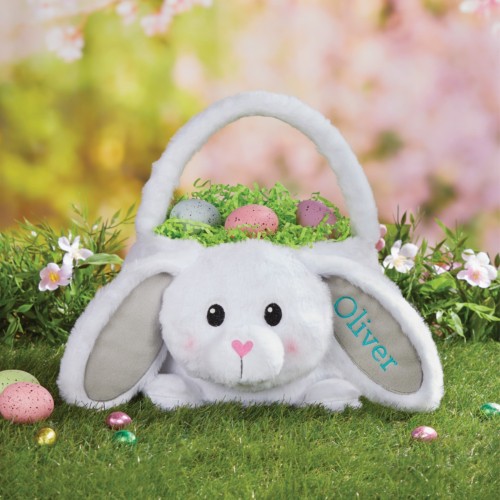 White Fur Plush Bunny Easter Basket With Teal Name